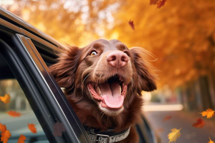 Dog's head poking out of car, enjoying the ride